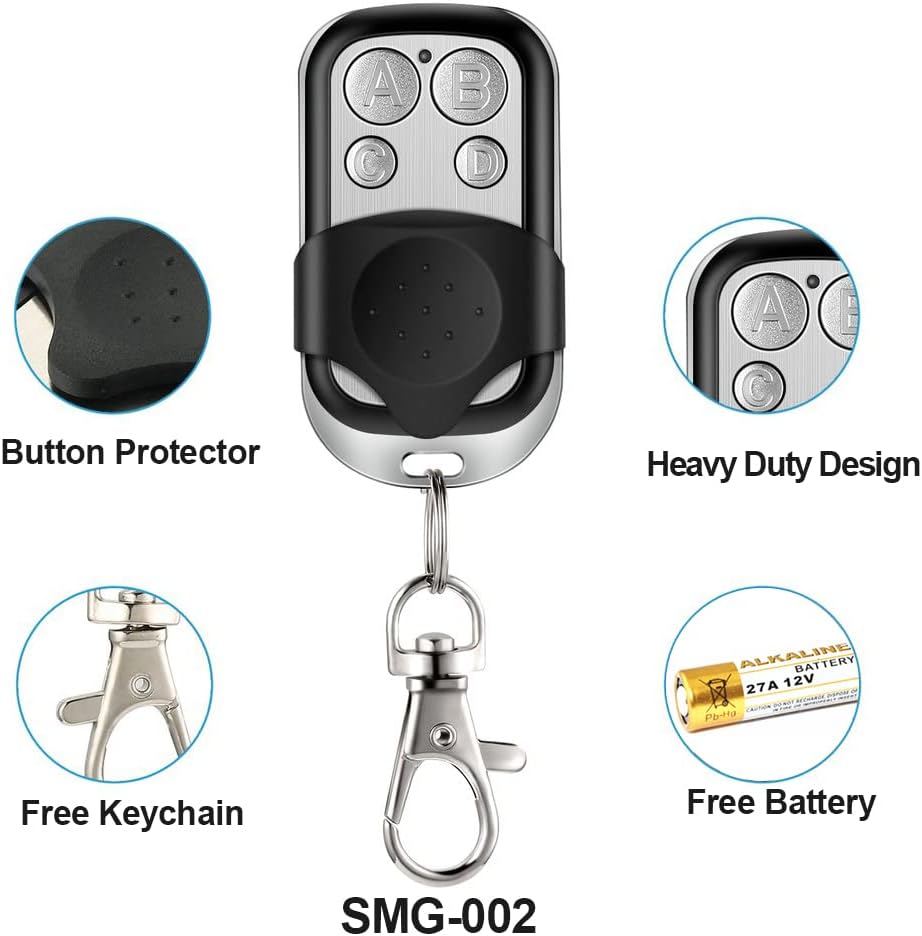 Package contents of DieseRC remote control showing button protector, heavy duty design, keychain, and battery