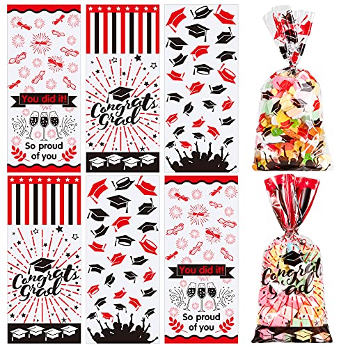 Whaline 150Pcs Graduation Cello Bags, 3 Style Candy Cellophane Bags with Twist Tie, 2026 Congrats Grad Plastic Gift Bag Party Favor Treat Bag for Graduation Party Table Setting (Red Black)