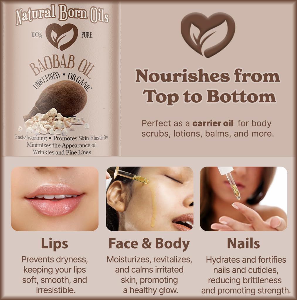 Natural Born Oils Baobab Oil, 8oz, Organic, Cold-Pressed, Antioxidant-Rich, Enhances Skin Elasticity, Strengthens Hair