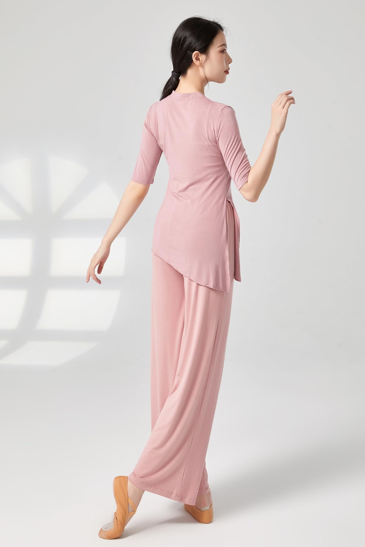 Angcoco Women's Elegant Traditional Crewneck Half Sleeve Tops for Dance Pink