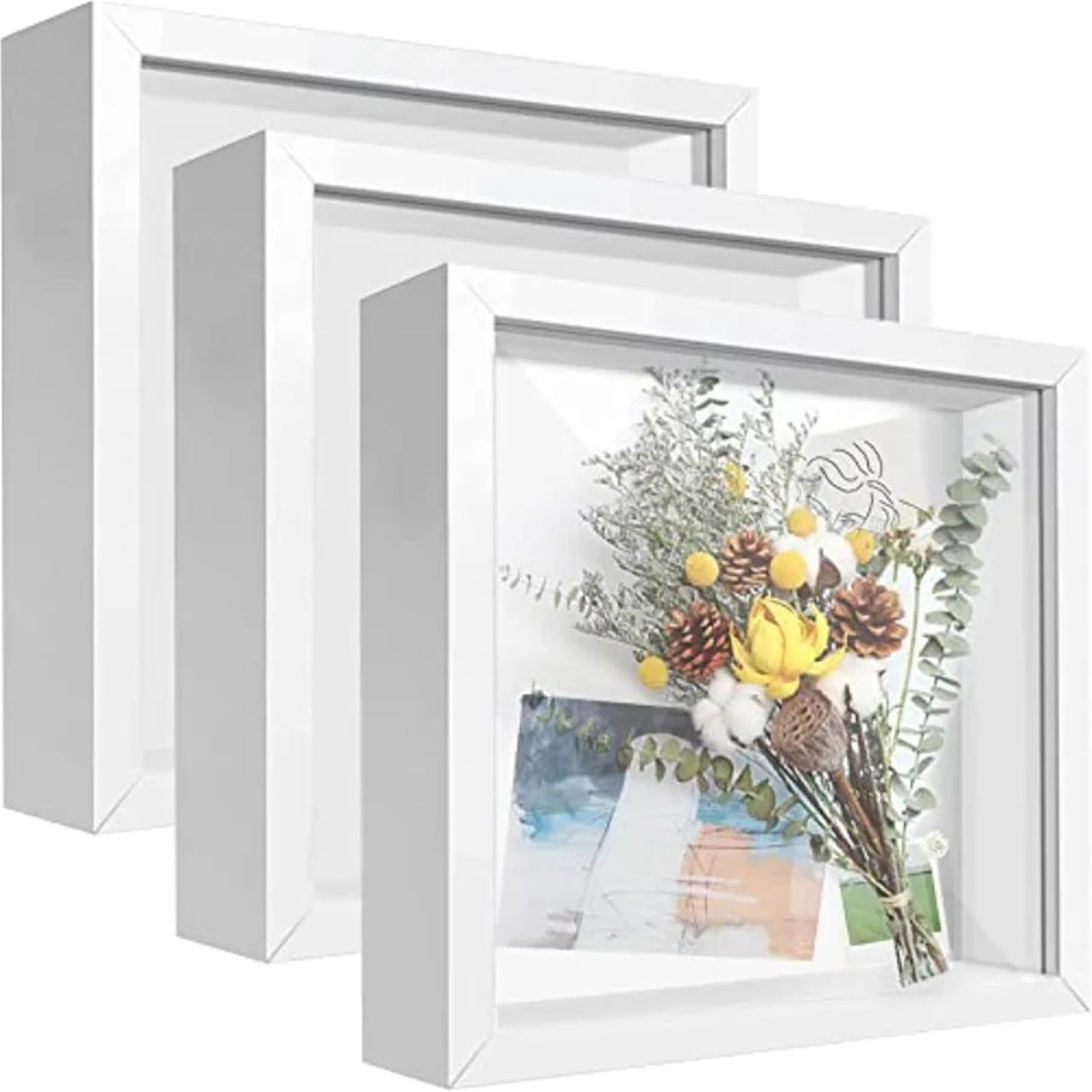 3PCS Shadow Box Frame Display Case With Letter Stickers 3D Picture For Memorabilia Baby Items Wedding Memorie for Tabletop and Wall(White)