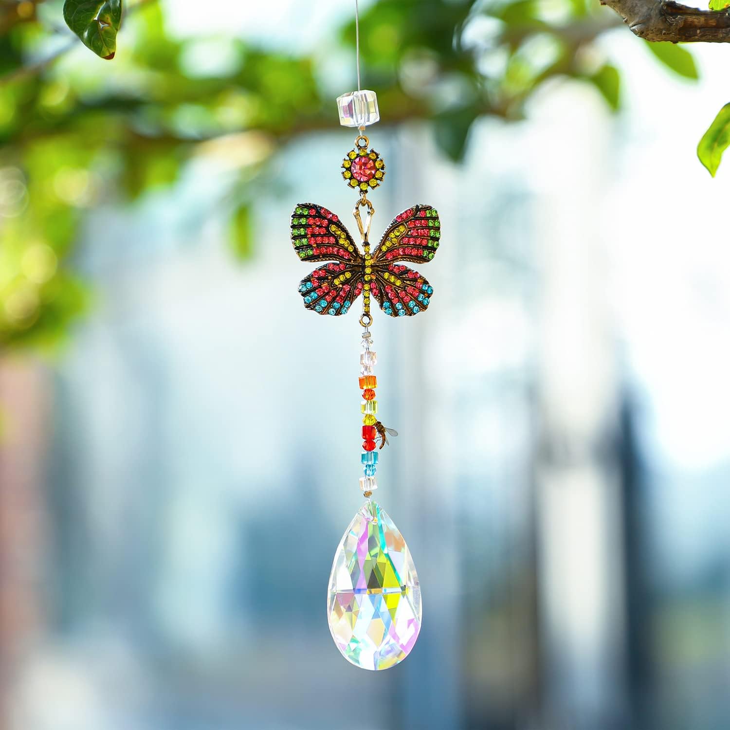Hanging Butterfly Shaped Suncatcher Crystals, Glass Teardrop Prism Rhinestones Sun Catchers, Rainbow Maker Pendant Indoor Window Home Car Decor Gift