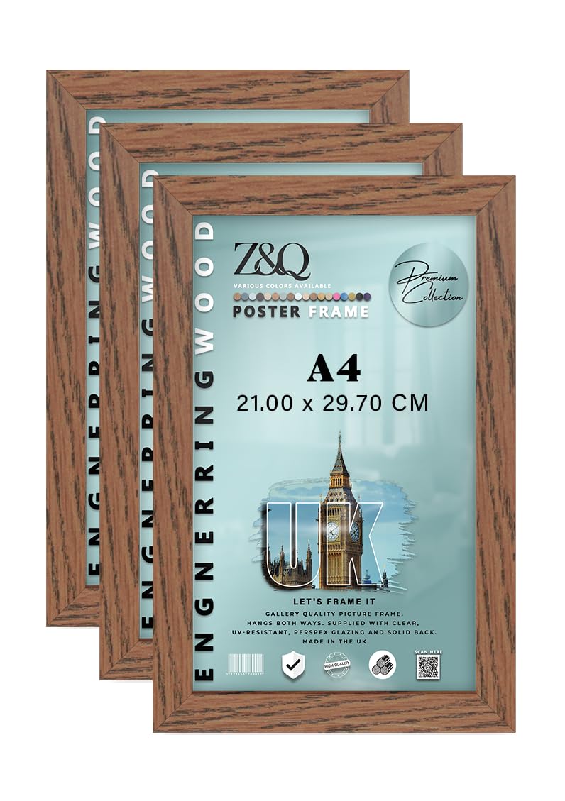 Z&Q Pack of 3 MDF Wood Finish A4 (21.00 x 29.70 CM) Poster/Picture Frame | for Art Gallery, Room Wall Decor 11 x 8 Inch Portrait/Landscape Display [ Dark Oak ]