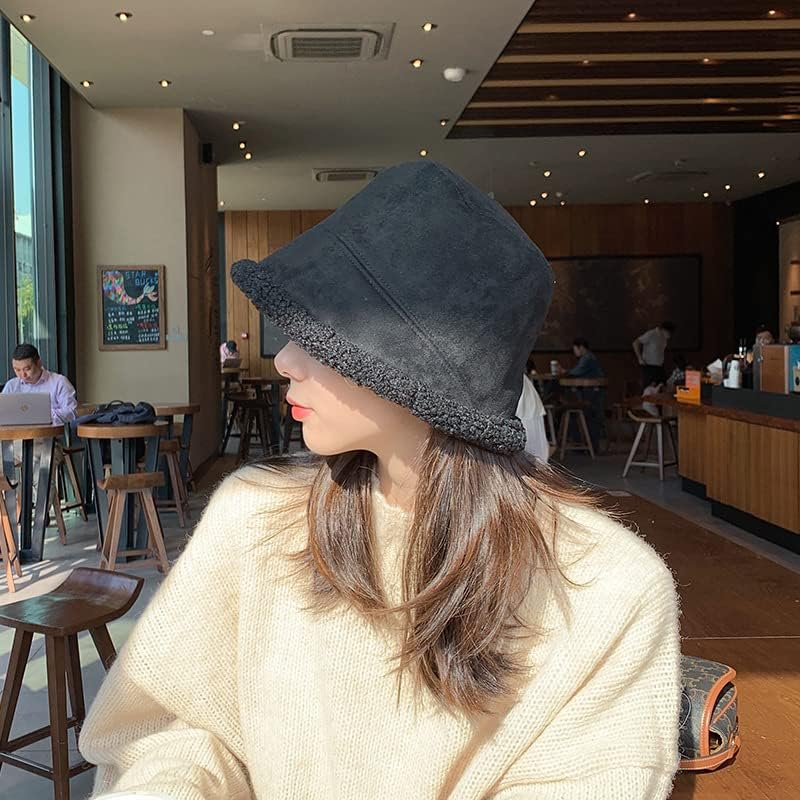 Women Winter Suede Bucket Hat Double-Side-Wear Reversible Fisherman Hat Faux Fur Teddy Style Warm Hat Lambskin Outdoor Cap - Image 2