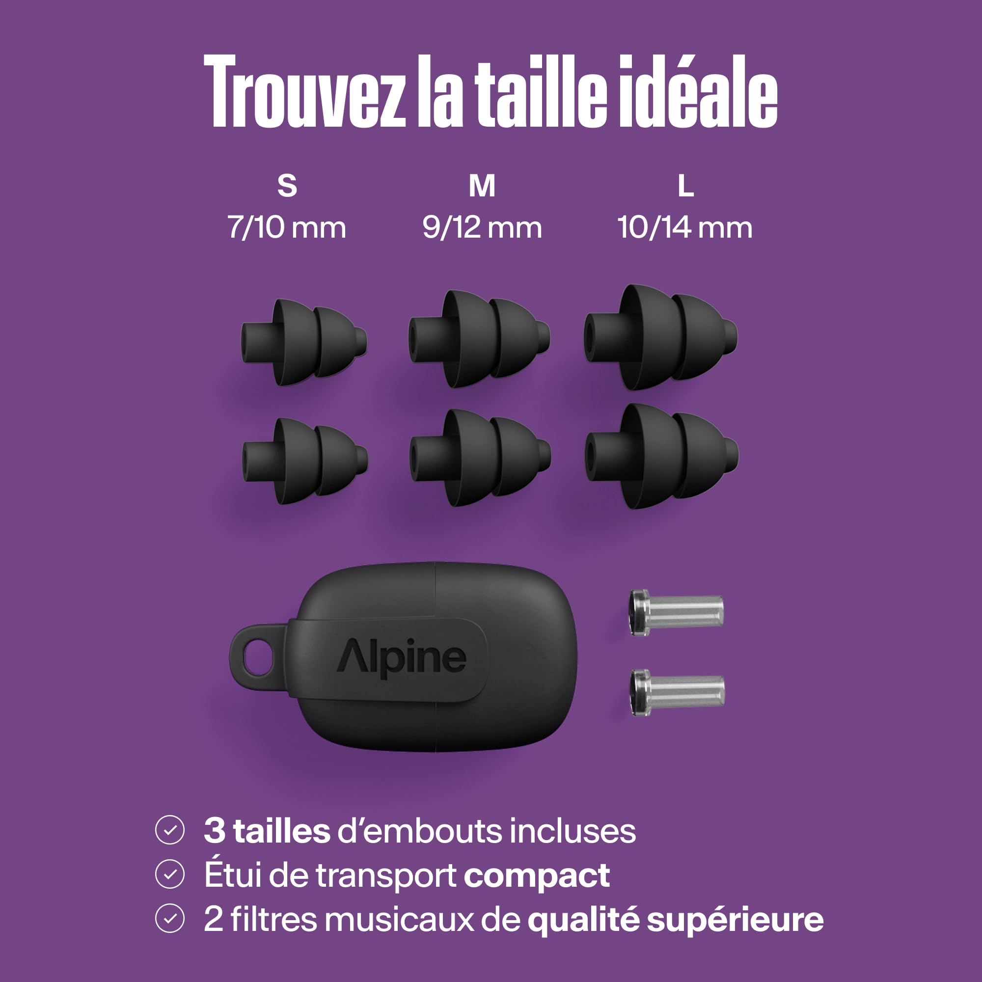 Alpine PartyPlug Pro Bouchons d'Oreilles Hi-Fi pour Concerts, Protection Auditive Professionnelle 21dB, Nouveau et Amélioré, Qualité Premium pour Festivals, Musique & Raves, 3 Tailles (S/M/L), Noir