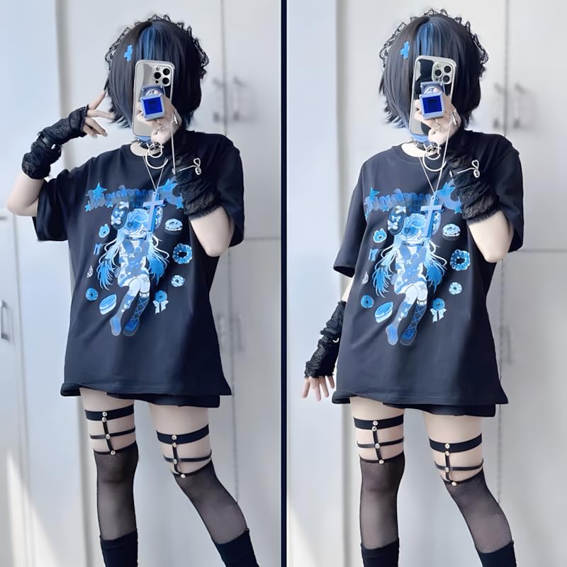 Image of Harajuku Kawaii Crewneck Cartoon Anime Doughnut Girl Print T-Shirt | Cutecore, Vintage Casual Style, Streetwear, Athleisure, Cotton Materials, Loose Fit, Short Sleeve, For Women Daily Wear
