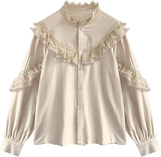 Amazon Shuming レディース シャツ 長袖 ゆったり レース ブラウス 秋 トップス フェミニン 韓国ファッション無地 フリルシャツ おしゃれ 可愛い シャツ ブラウス 通販