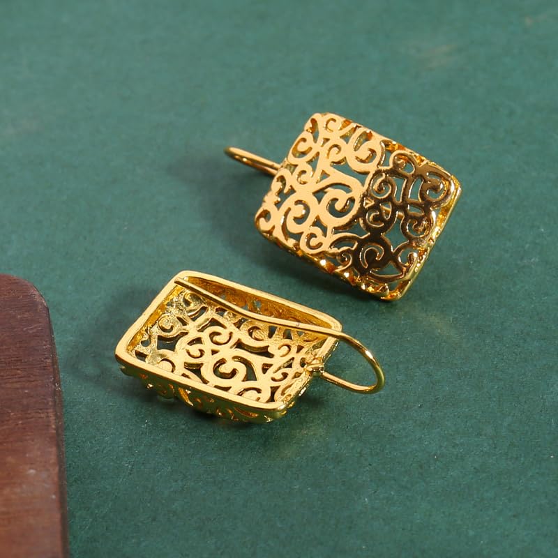 Exquisite Retro Hollow Gold Color Carving Pattern Dangle Earrings Fashion Temperament Earrings Daily Accessories Party Birthday Valentine’s Day Jewelry Gifts for Women