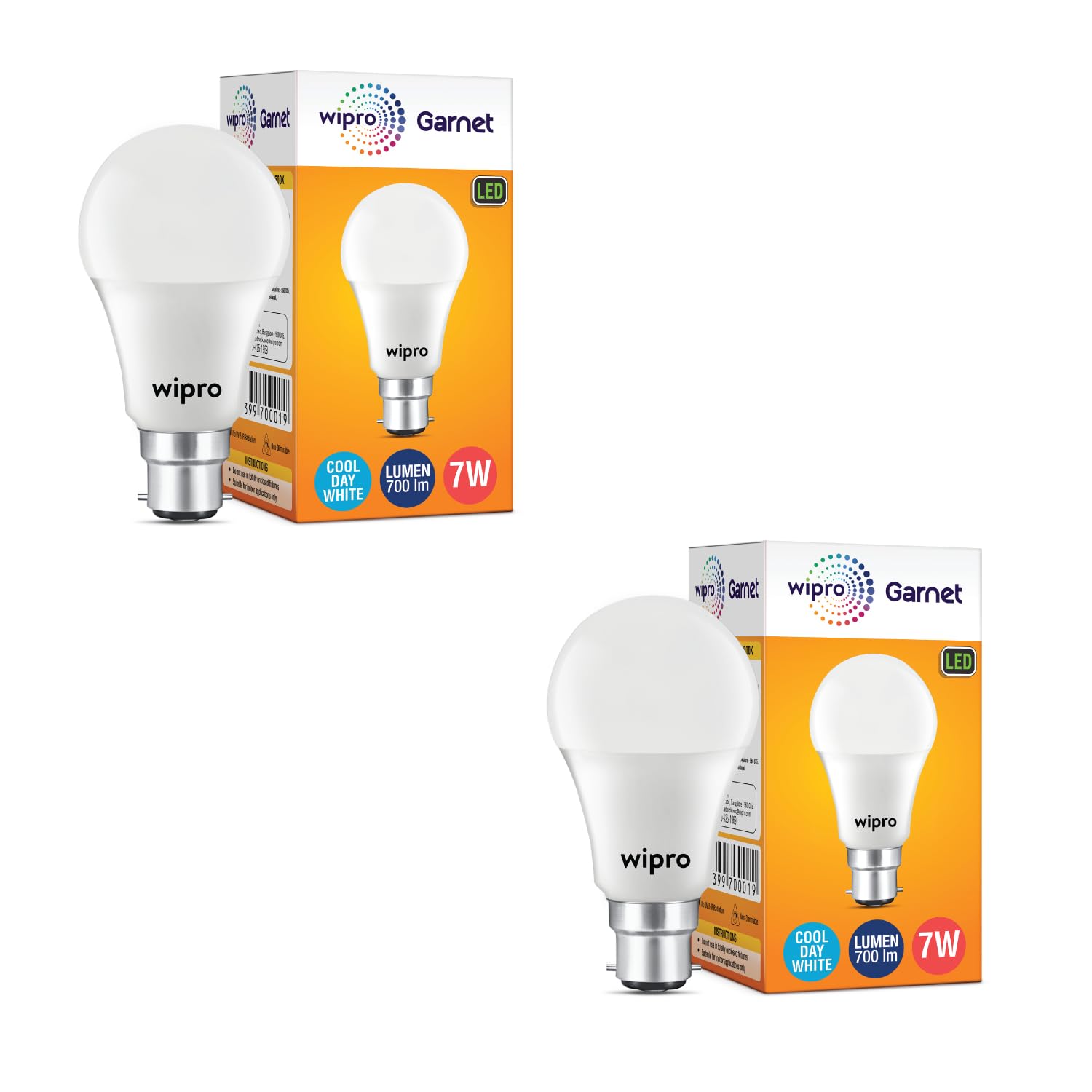wipro Garnet 7W LED Bulb for Home & Office |Cool Day White (6500K) | B22 Base|220 degree Light coverage |4Kv Surge Protection |400V High Voltage Protection |Energy Efficient | Pack of 2