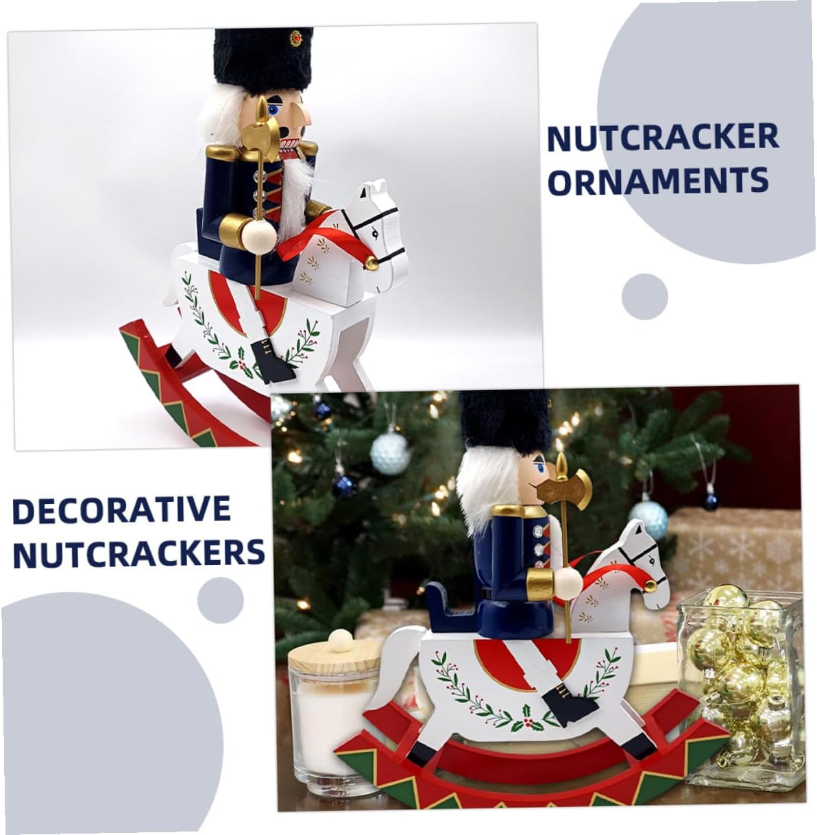 Wooden Nutcracker Sculpture on Rocking Horse Large Christmas Nutcracker Figure Holiday Decor for Home and Office