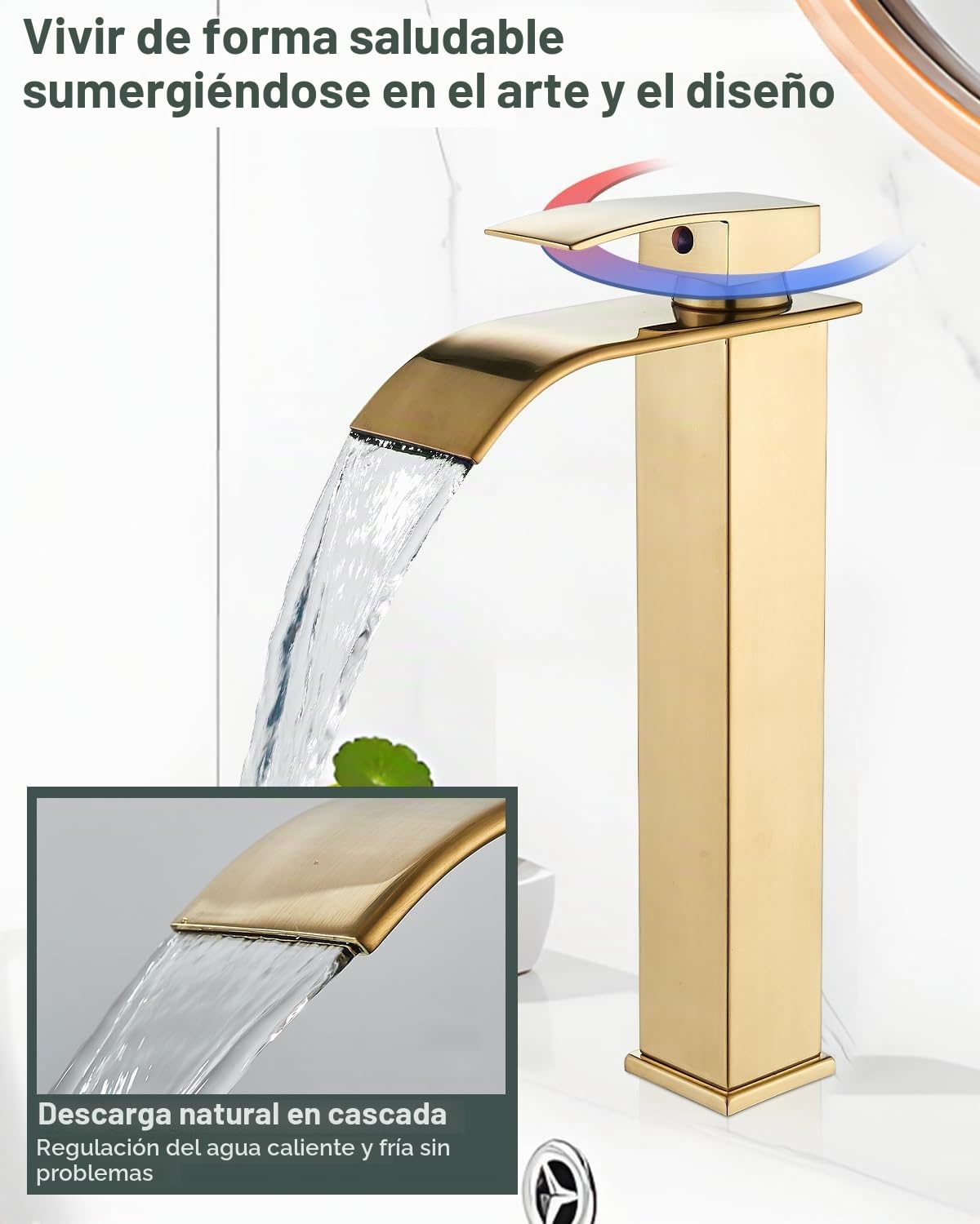 JUNSHENG Grifo de baño, grifo del lavabo del baño de una manija, mezclador de agua caliente y fría en cascada, (oro cepillado)