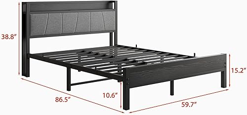 Miniatura 2 de BOFENG Base de cama Queen con cabecero, base de cama tapizada de metal con estación de carga, marco de cama tamaño Queen con almacenamiento, no