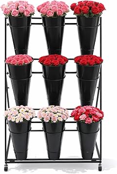 Flower Display Stand with 9 Buckets, 3 Layer Metal Plant Stand Indoor with Wheels, Heavy Duty Moving Flower Cart Flower Rack for Outdoor Patio, Garden, Florist