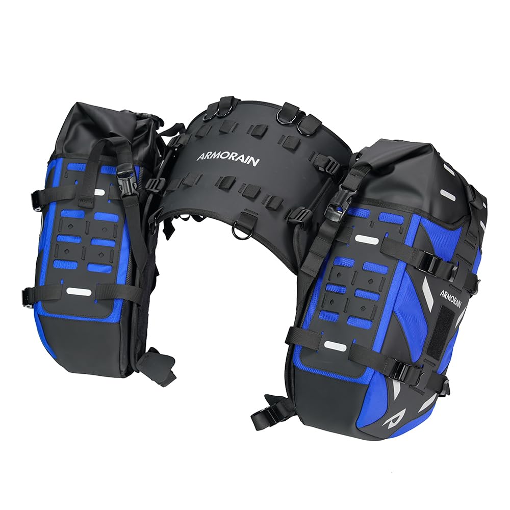 ARMORAIN オートバイ用サドルバッグ 防水 40L ラックレス・ラゲッジシステム ベース取り外し可能 2026年新デザイン アドベンチャー・ライディングギア用 (20L×2) (Blue)