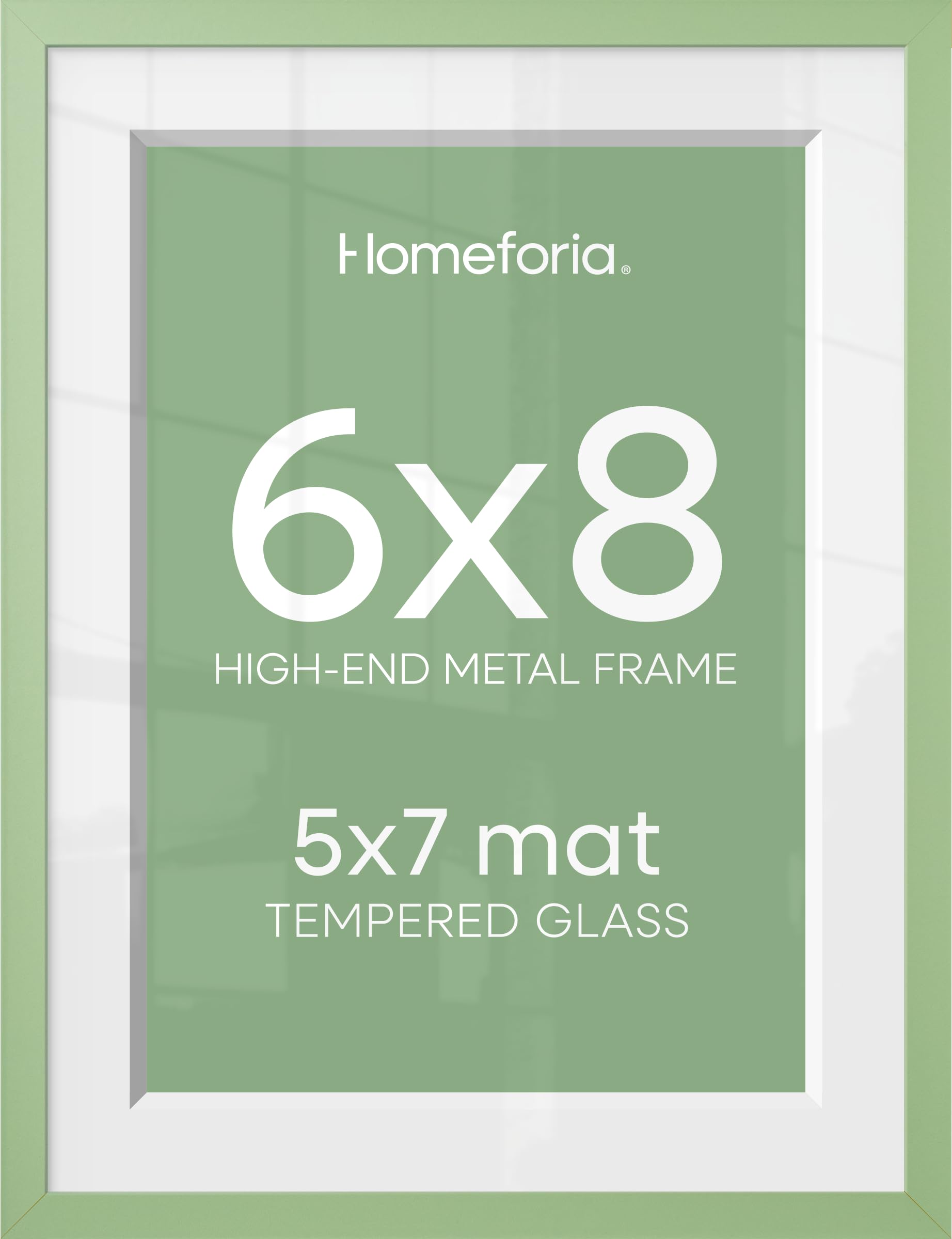 Homeforia Sage Green 6x8 Picture Frame, High End Metal 6 x 8 Frames with Mat 5 x 7 for Photo, 6by8 Desk Frame Matted to 5x7 inch Art, 6 by 8 Wall or Tabletop Frames, Tempered Glass, Wall Kit, Set of 1