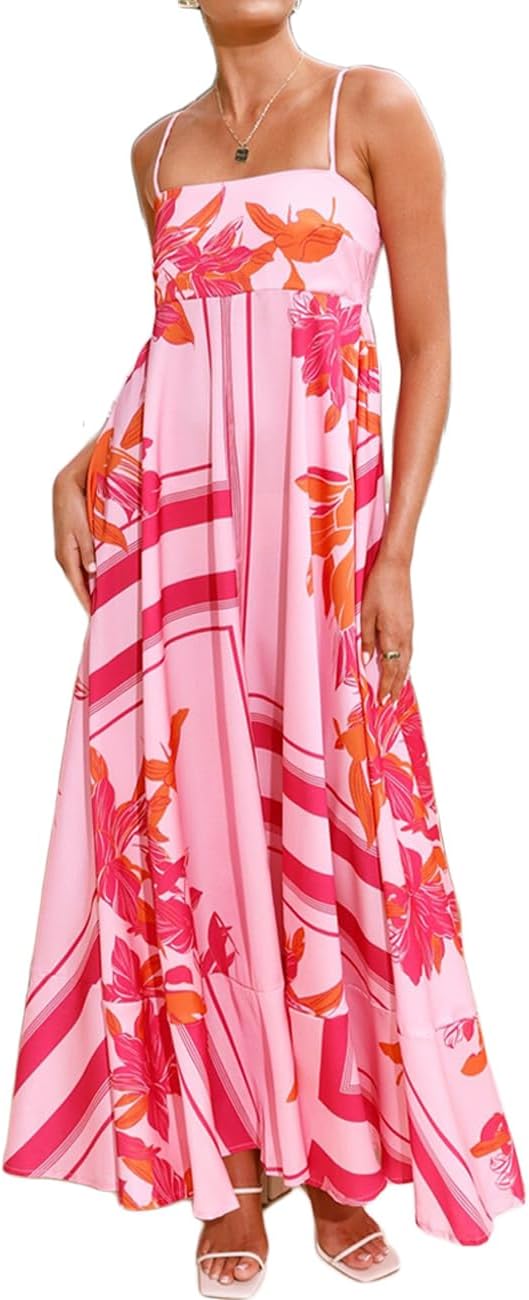 Women Summer Beach Boho Spaghetti Strap Smocked Floral Maxi Dress Casual Loose Flowy A Line Print Long Dress