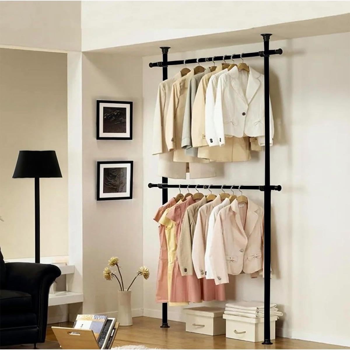 House Of Home Telescopic Clothes Rail - Rail Wardrobe Black Single