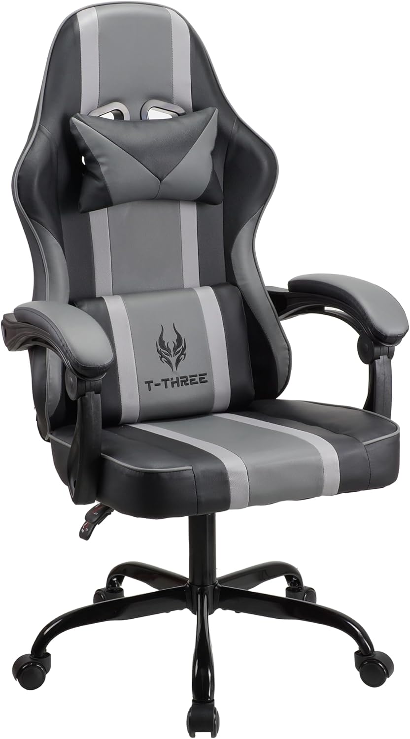 T-THREE.Ergonomic high-back gaming, computer, office, study, swivel, and racing-style chair with adjustable lumbar and headrest support, 150kg weight capacity, ideal for home office(Grey)