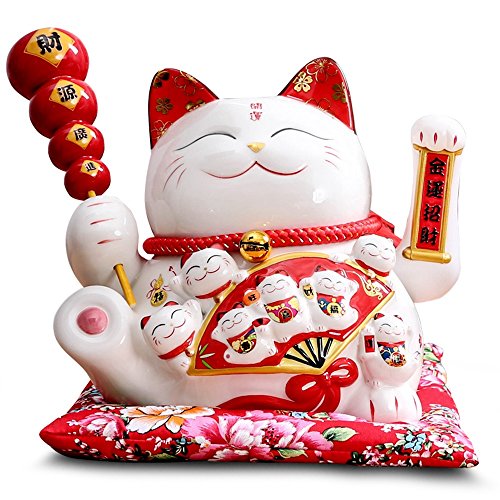 Large Size Ceramic Thriving Business Maneki Neko Lucky Catï¼ˆBeckoning Catï¼‰ with Sugarcoated Haws on a Stick,Best Gift for Business Opening,Feng Shui Decor Attract Wealth and Good Luck