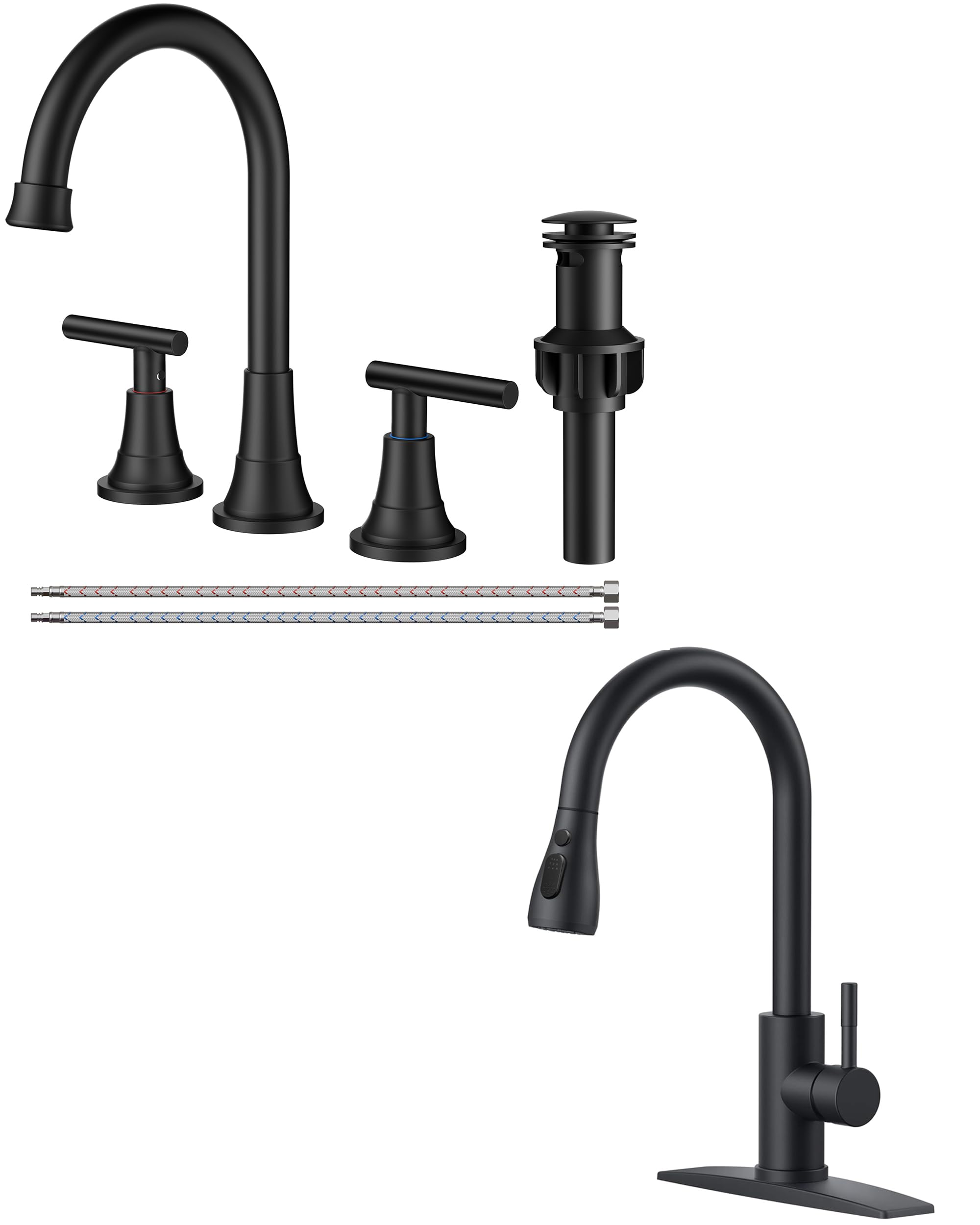 Jnfidosr Black Widespread Bathroom Faucet With Cupc Supply Line And Drain + Kitchen Faucet With Pull Down Sprayer