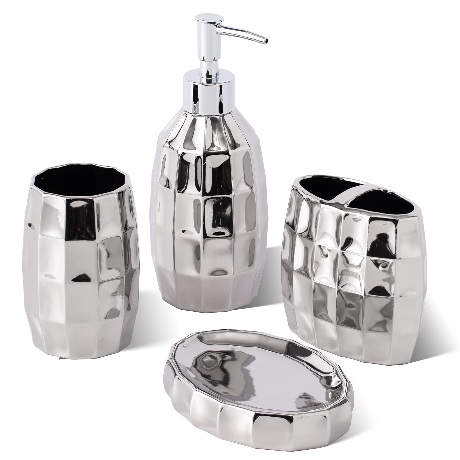 Silver Bathroom Accessory Set, Mosaic Ceramic Bathroom Accessories Set Include Lotion Dispenser, Toothbrush Holder Tumbler, and Soap Dish