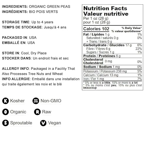 Organic Whole Dried Green Peas, 8 Ounces – Non-Gmo, Green Vatana, Sproutable, Vegan, Kosher, Bulk. Pre-Soak Needed. Rich In Protein, Fiber. Great For Green Curry, Stews, Salads, Pea Soup #TOP3