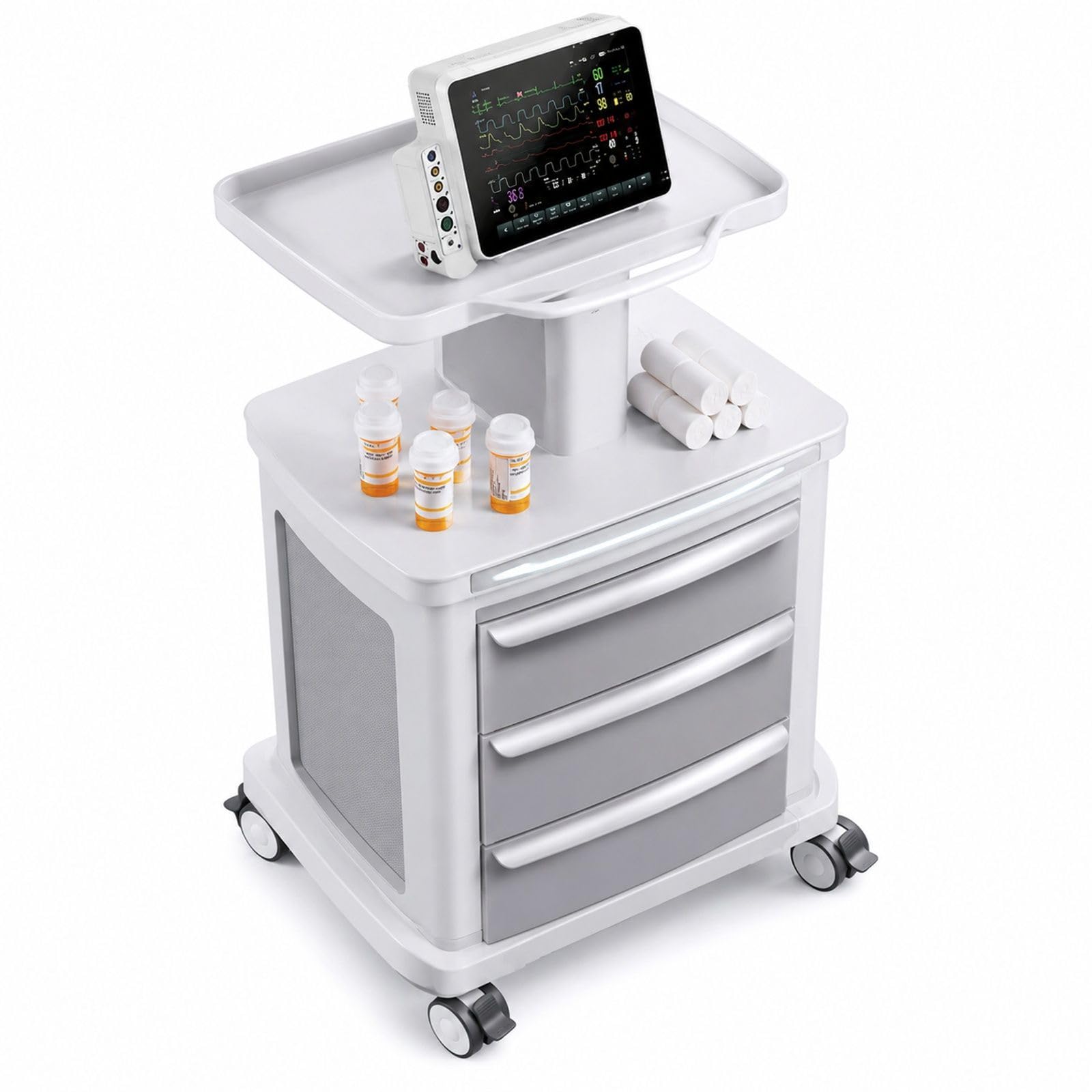 Chariot de Laboratoire 4 Niveaux avec 3 tiroirs, Blanc, Chariot Roulant pour Laboratoire, Bureau et Rangement