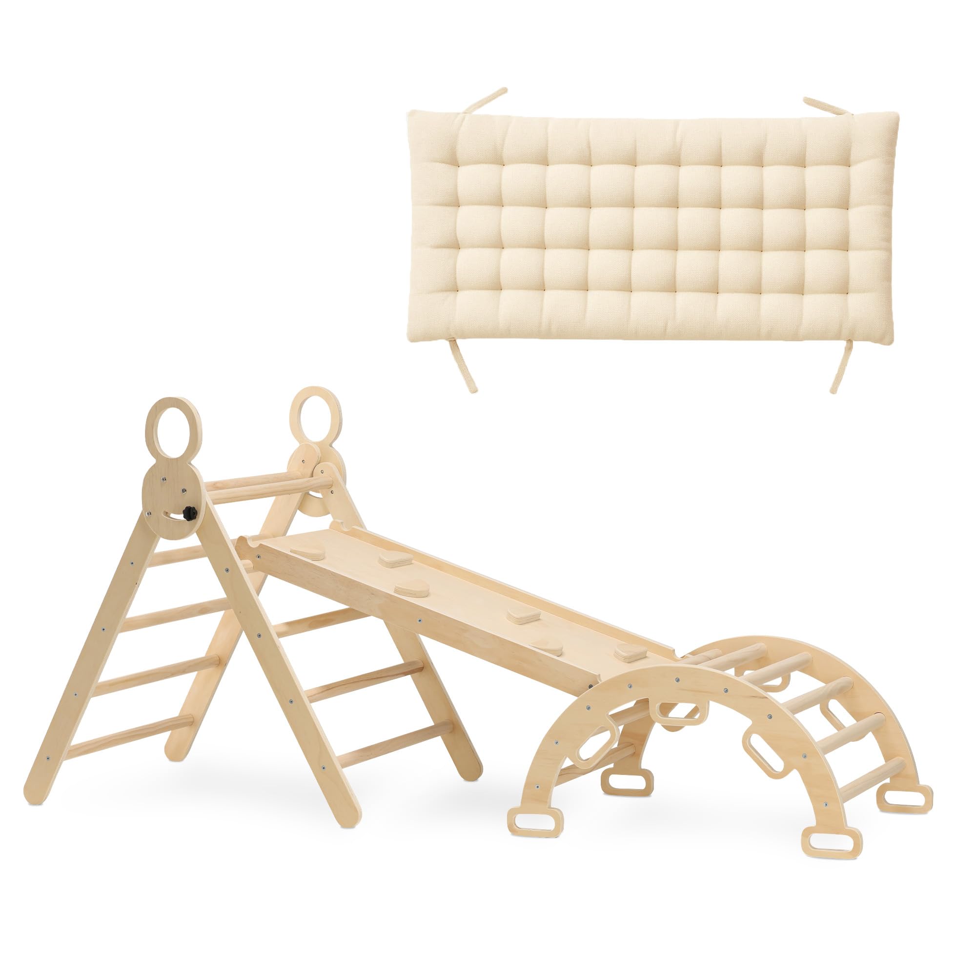 Deryan Wood+Mattress 7-In-1 Montessori Climbing Triangle With Slide & Climbing Arch With Cushion - With Slide, Ladder & Play Arch - Wooden Foldable Toy For Toddlers 3-8 Years - Wood