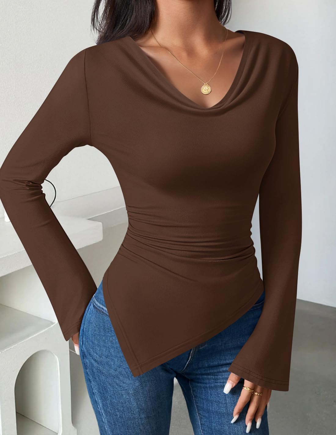 ZESICA Women's Long Sleeve Cowl Neck Shirts Slim Fit Going Out Y2k Tops Blouses 2026 Spring Outfits Fashion Clothes - Image 4