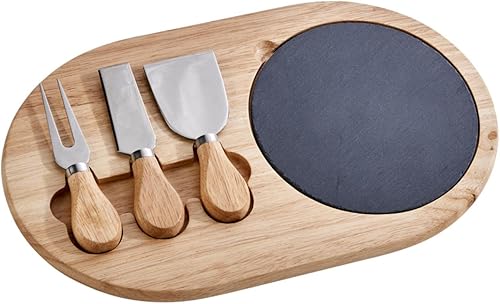 Pizarra de queso de 3 piezas y tabla de madera con 3 cuchillos de queso, cuchillo Compana, tenedor de queso, cuchillo plano, regalo de boda, caja de