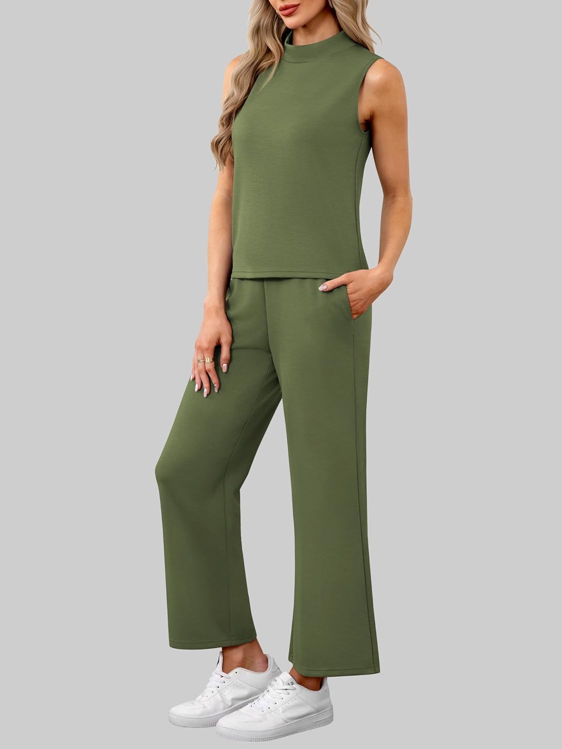 Casly Lamiit Womens 2 Piece Sets Sleeveless Mock Neck Summer Lounge Sets Wide Leg Crop Pants 2026 Vacation Travel Outfits - Image 3