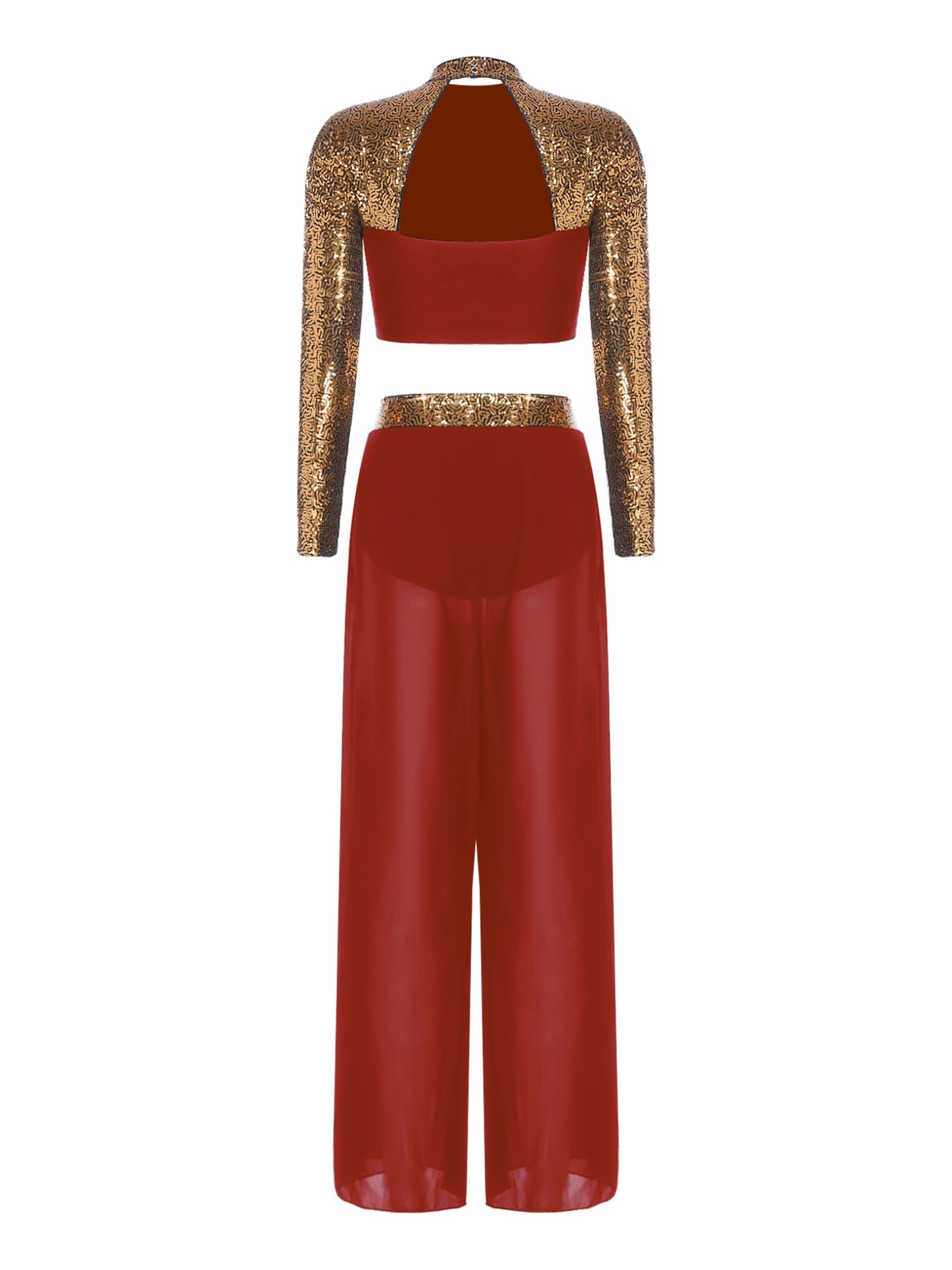 Conjunto de Traje de Baile Jazz para Mujer con Lentejuelas Crop Top de Manga Larga y Pantalones Traje de Gimnasia Rítmica Conjunto de Baile Lírico S-XXL borgoña XXL