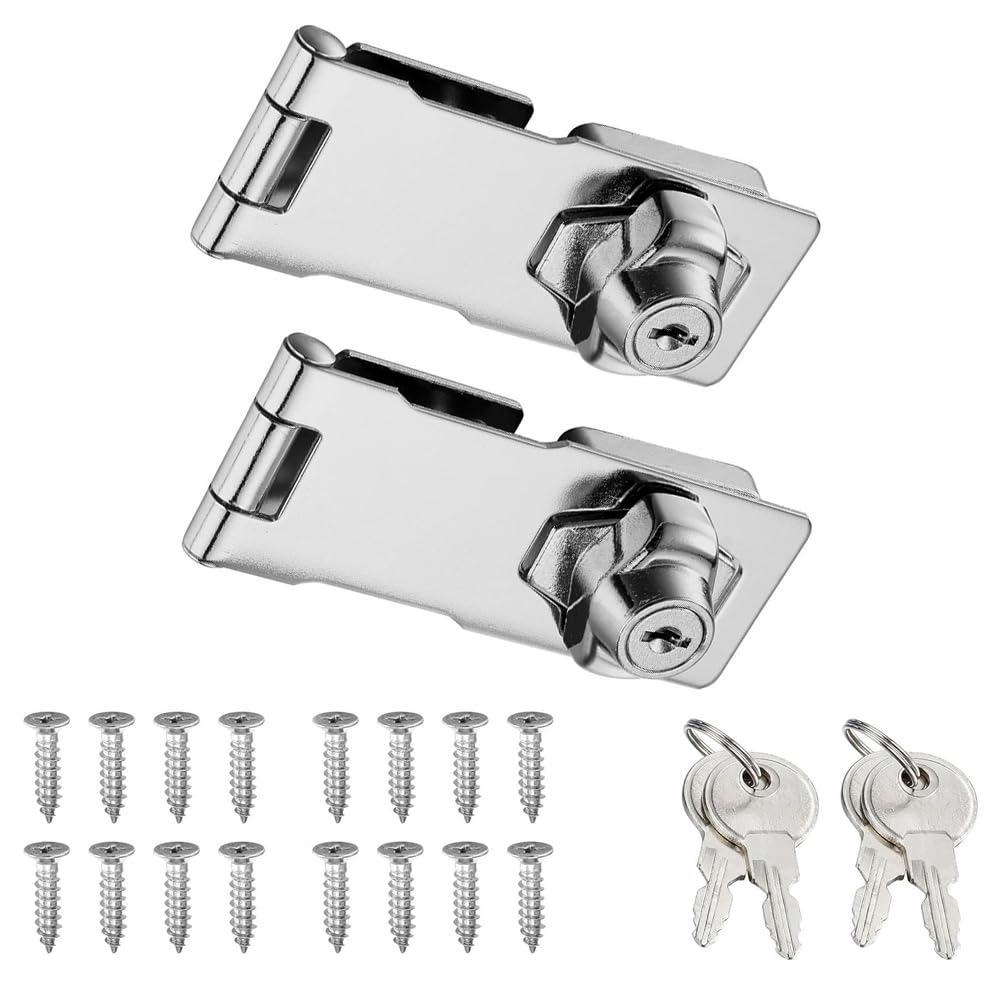 2PCS SUS304 Hasp Lock Padlock Gate Latch Door Bolt Lock Drawer Cupboard Locks Twist Knob Keyed Locking for Cabinet Furniture Mailbox Closet Stainless Steel Brushed 3 INCH