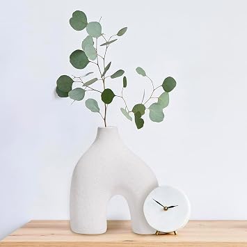 Modern Round U-Shaped Vase - 8"x3.35"x9.3" Stoneware Sand Graze Hollow Flower Vases for Home Decor - Cute Vases for Centerpieces, Living Room, Office & Entryway Display White