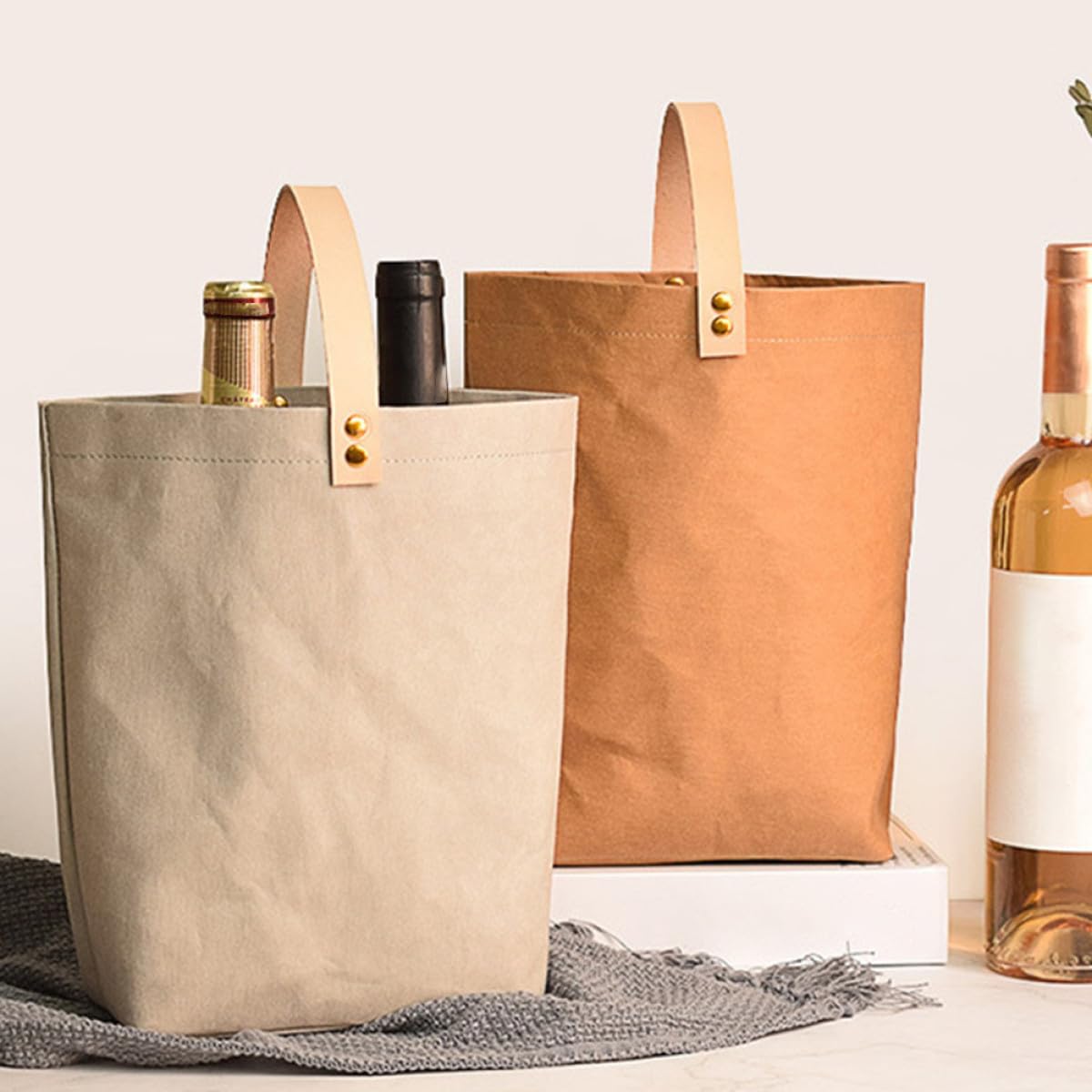 Mobestech 3piezas Bolsa De Papel Kraft Lavada Asa Para Vino Pack Para Fiestas y Eventos Para Botellas De Vino y Champán