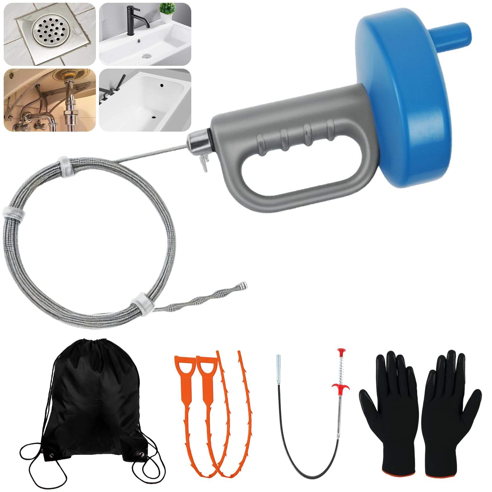 Drain Snake 33Ft with Gloves,Flexible Plumbing Snake Drain Auger Clog Remover Tool for Hair,Heavy Duty Drain Unclogger for Kitchen Sink, Plumbers Snakes for unclogging Bathroom Shower, Bathtub Toilet