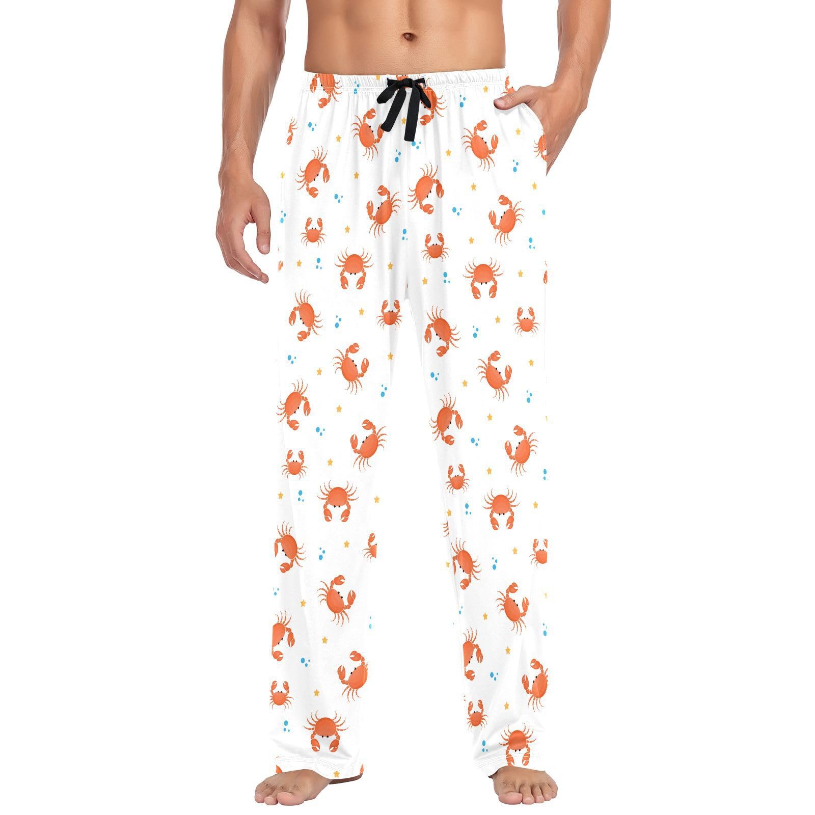 Herren-Schlafanzughose mit Cartoon-Krabben-Stern, 100 % Baumwolle, weiche Pyjamahose für Herren, Lounge-Nachtwäsche, gerade Passform, lange Schlafhose mit Taschen, Kordelzug, Größe XXL,