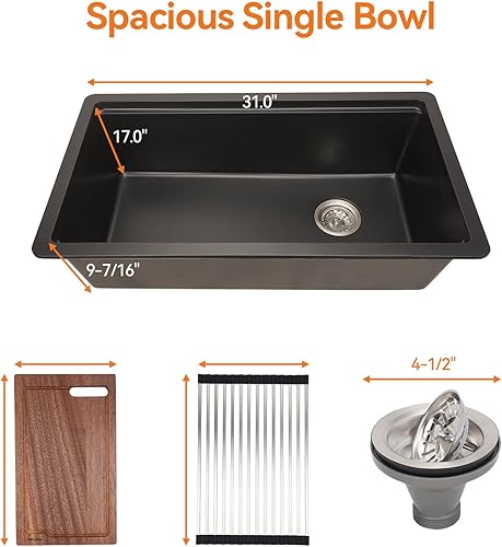 Miniatura 7 de Fregadero de cocina de granito de 33 pulgadas, fregadero de cocina compuesto de un solo tazón con estación de trabajo y accesorios, color negro (33