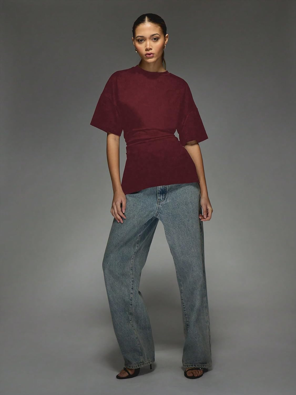 Verdusa Women's Cinched Waist Tops Drop Shoulder Short Sleeve Ruched T Shirt - Image 5