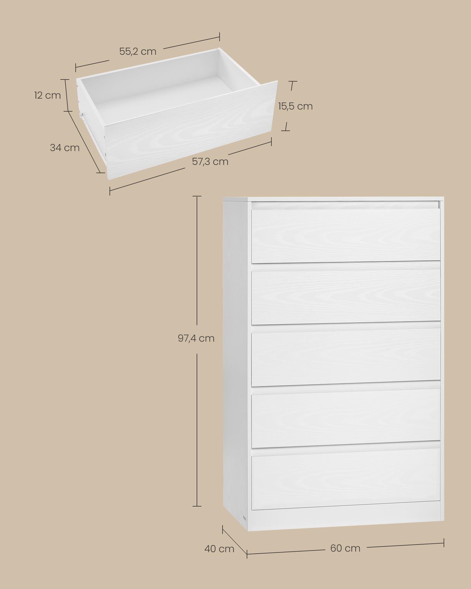 VASAGLE Kailyn Collection - Commode Chambre 5 Tiroirs, Armoire de Rangement, Meuble à Vêtements, 40 x 60 x 97,4 cm, Style Moderne, Blanc Neige LTS605WE01V1