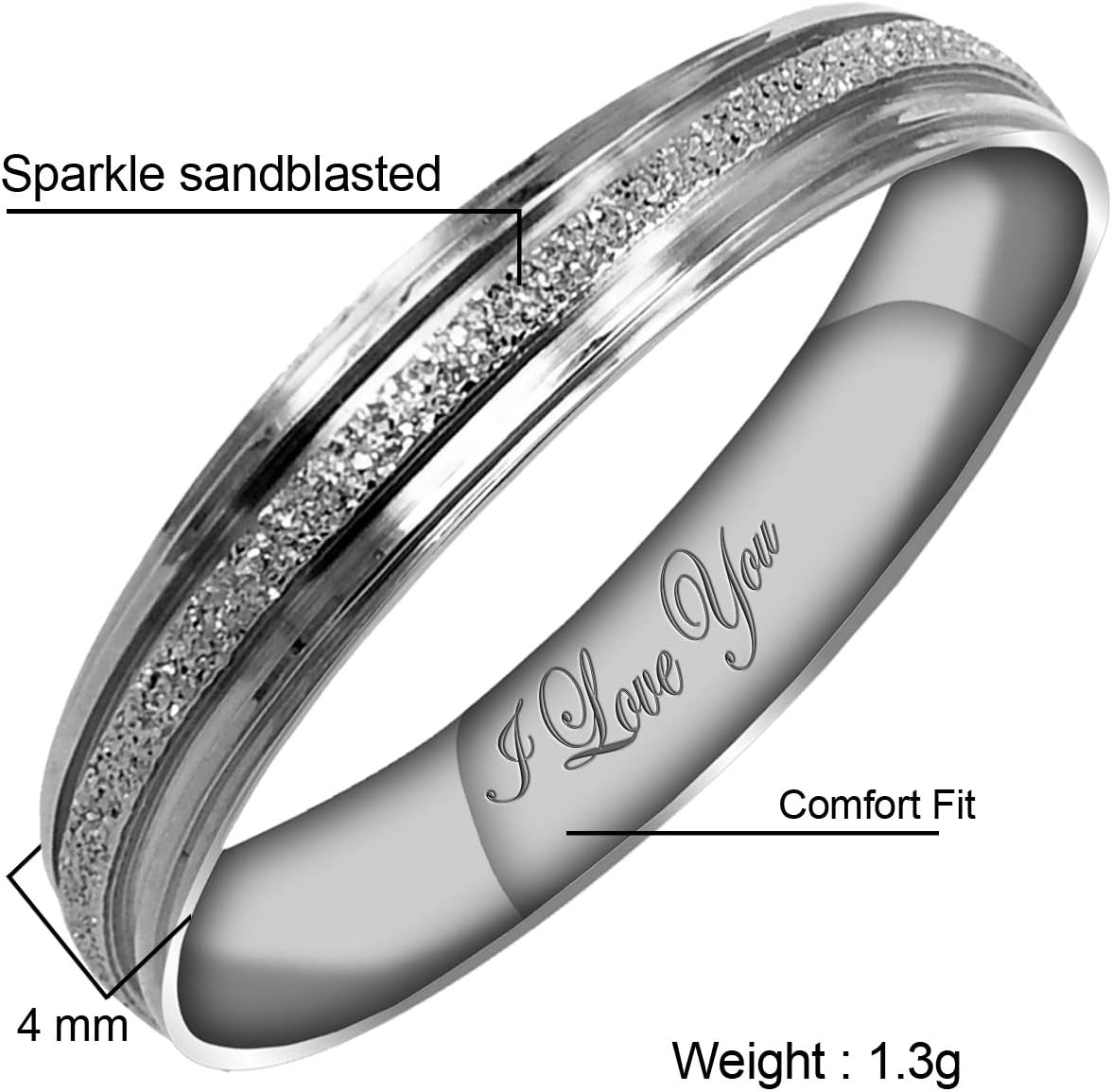 Everstone Women's Sparkle 4MM & 6MMFlat Promise Ring Wedding Bands Titanium Ring Color: Platinum Engraved I Love You