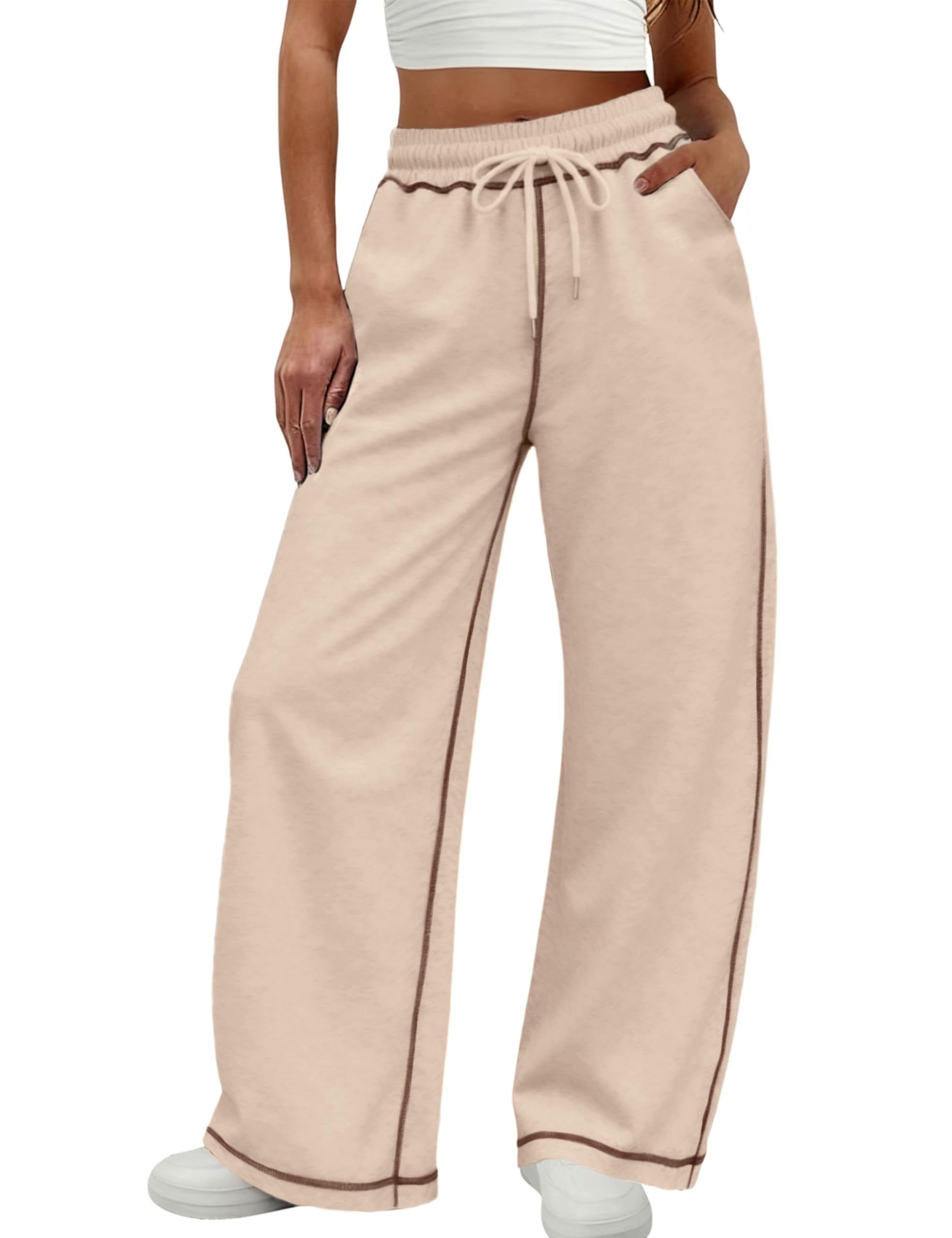 Bankeng Womens Wide Leg Casual Pants Elastic High Waisted Baggy Lounge Pants Athletic Sweatpants with Pockets