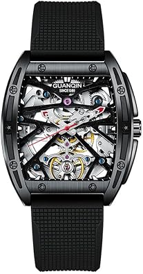 GUANQIN Vintage Men Skeleton Dial Automatic Self-Wind Mechanical Wrist Watch Sapphire Crystal Business Double-Sided Hollow Waterproof Luminous Clock Man Tonneau-Shaped Wristwatch