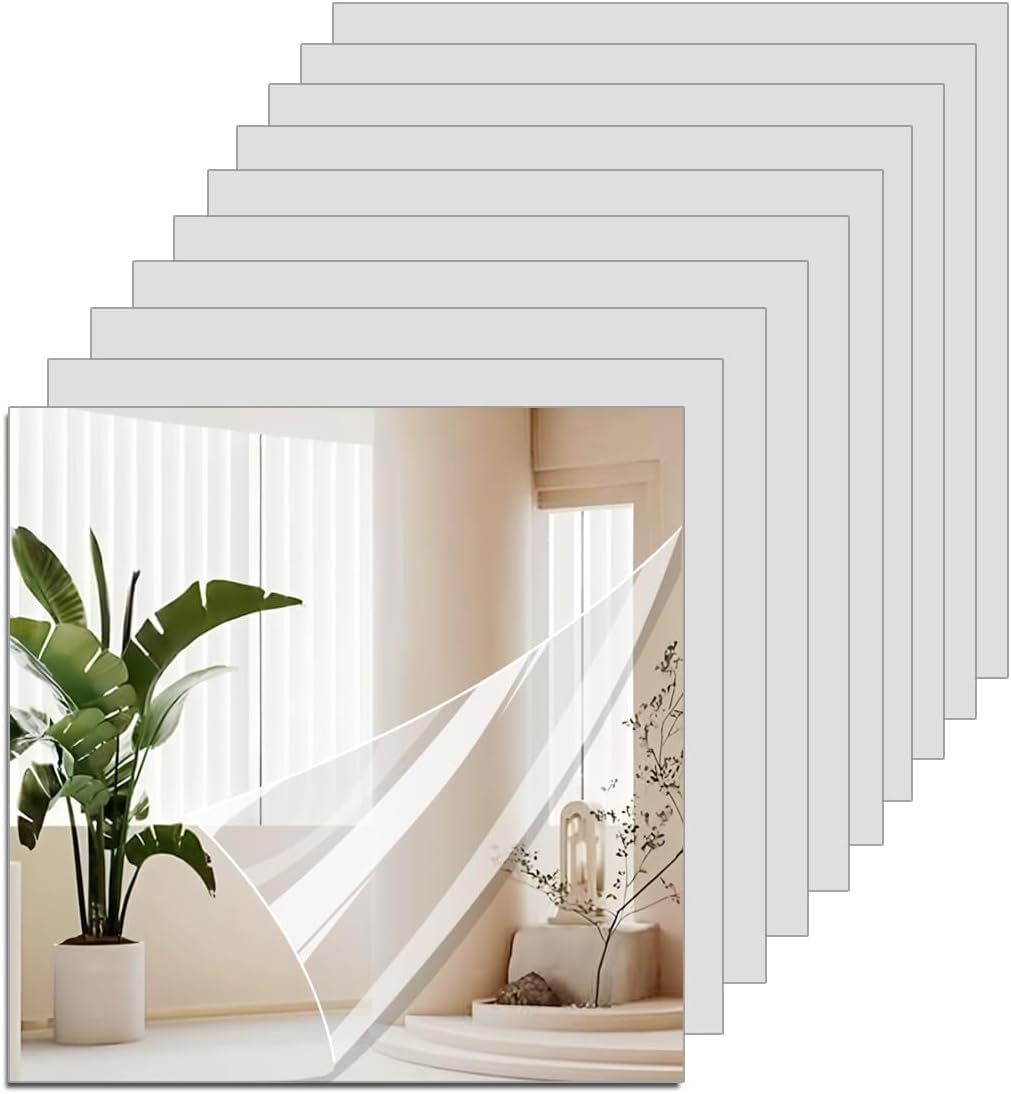 10PCS Self Adhesive Acrylic Mirror - 30 x 30cm On Full Length Mirrors, Sticky Plexiglass Mirror Tiles and Wall Stickers, Full Body Wall Mirrors Tiles for Bedroom Living Room Gym Hallway Bathroom