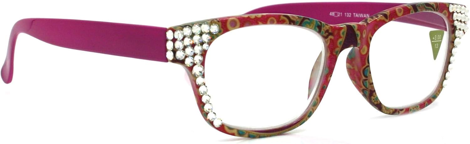 The Persia, Women Bling Reading Glasses Square Adorned with Clear Genuine European Crystals Fuchsia Floral. NY Fifth Avenue.