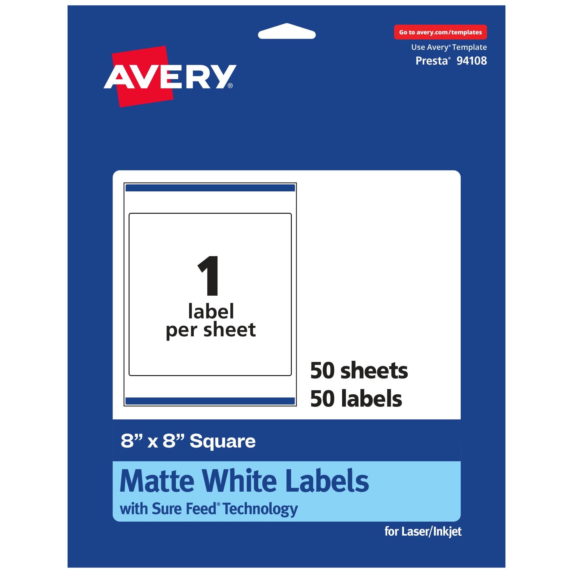Avery Matte White Square Labels, Sure Feed Technology, 8" x 8", 50 Matte White Printable Labels