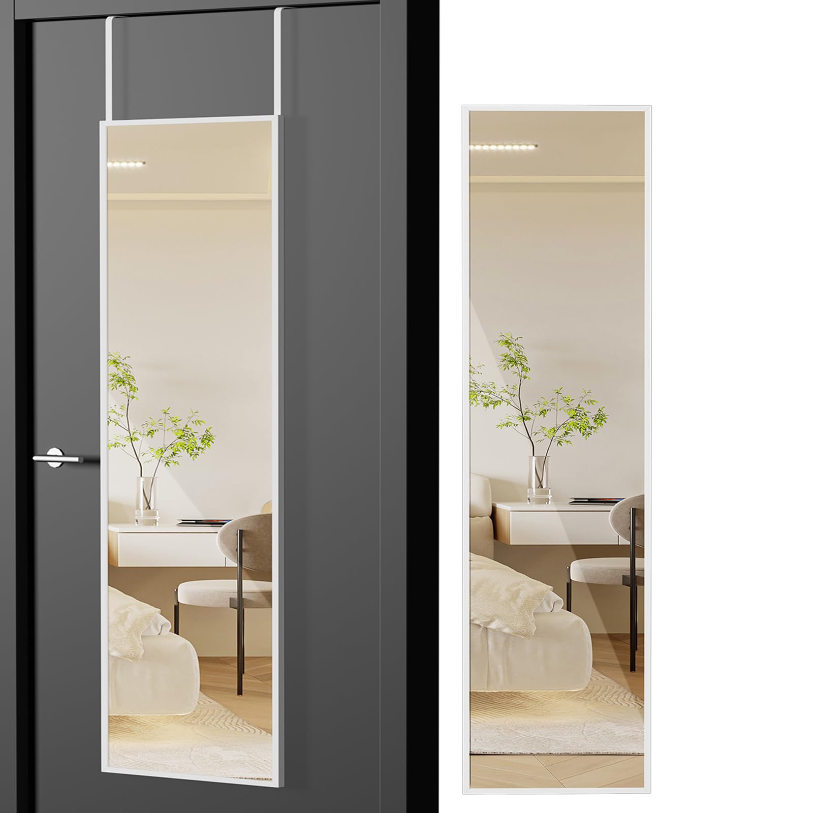 Warmiehomy Over Door Mirror Full Length, 28 * 118cm Door Hung Mirror, White Wall Mounted Mirror for Living Room or Dressing Bedroom
