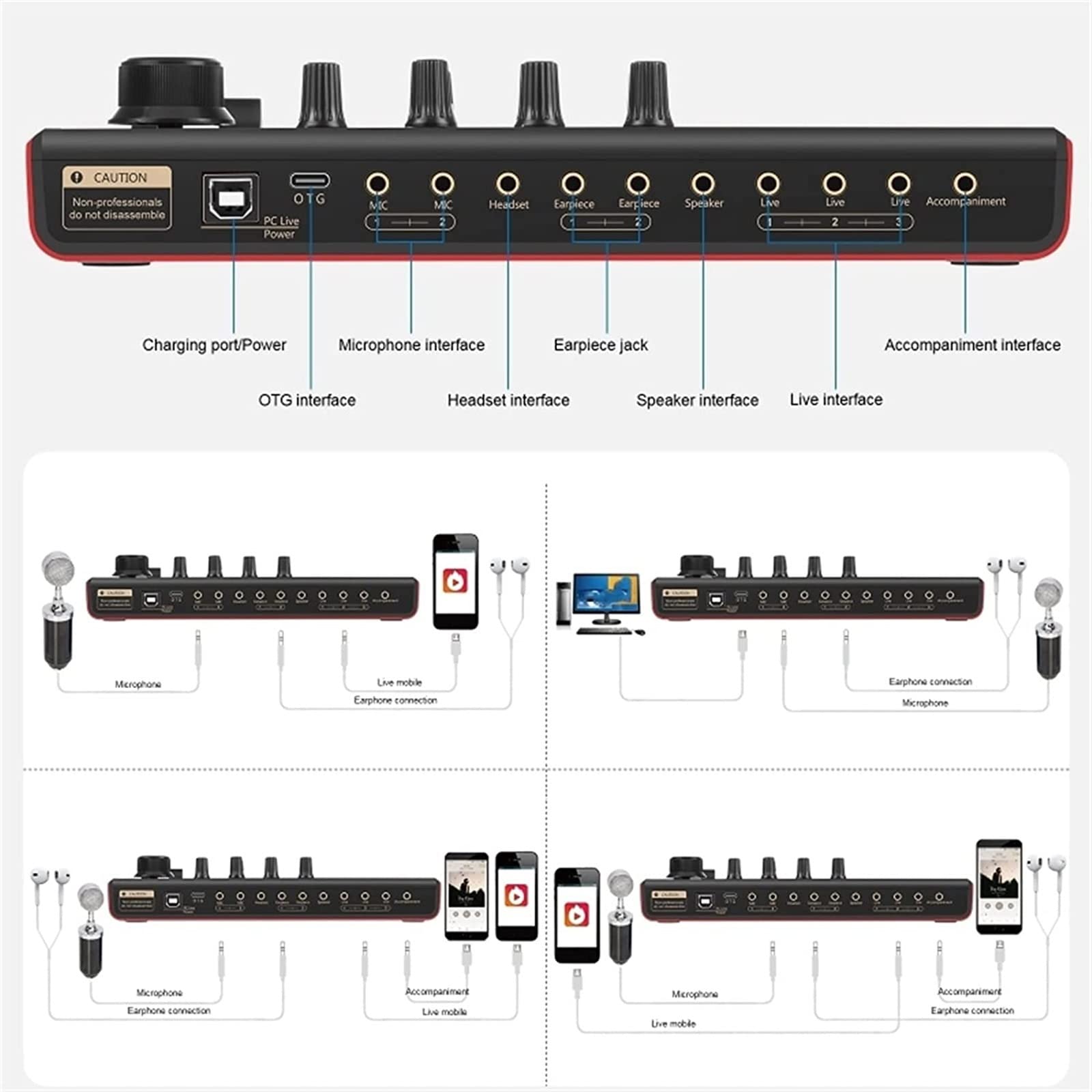 Mezclador de audio profesional, efectos tarjeta sonido sin pérdida, grabación en vivo, mezclador for teléfono, PC, computadora, estudio, fiesta