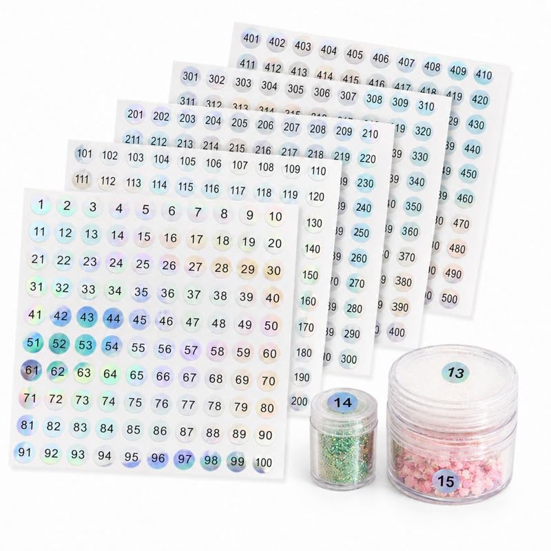 2000 Pcs 0.4" Round1-500Holographic Number Stickers, 4 Sets of Self-Adhesive Waterproof Round Labels for Nail Polish Display, Inventory, Office Organisation and Storage