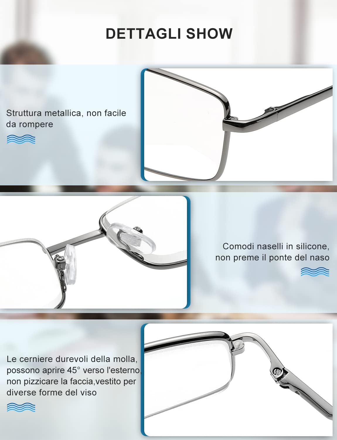 OKH 3 Pacco Occhiali di Lettura con Cerniera a Molla di Metallo Rettangolo Anti Luce Blue, Per Uomini Uomo Lettore di Occhiali Leggera,Visione Chiara